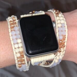 Victoria Emerson Apple Watch Gold and White Beaded Wrist Bracelet